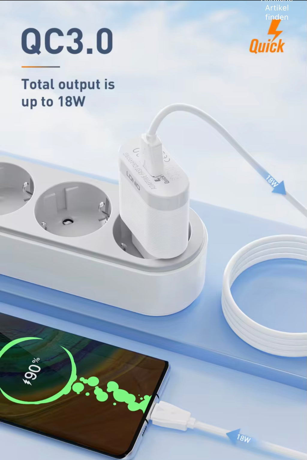 LDNIO USB-Schnellladegerät QC 3.0 – 18 W inkl. Ladekabel